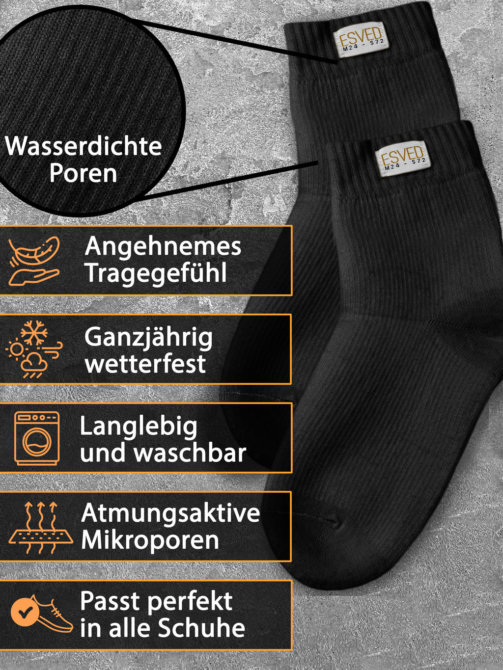 ESVED Mest Socken Slim - Wasserdicht & atmungsaktiv (Schwarz)