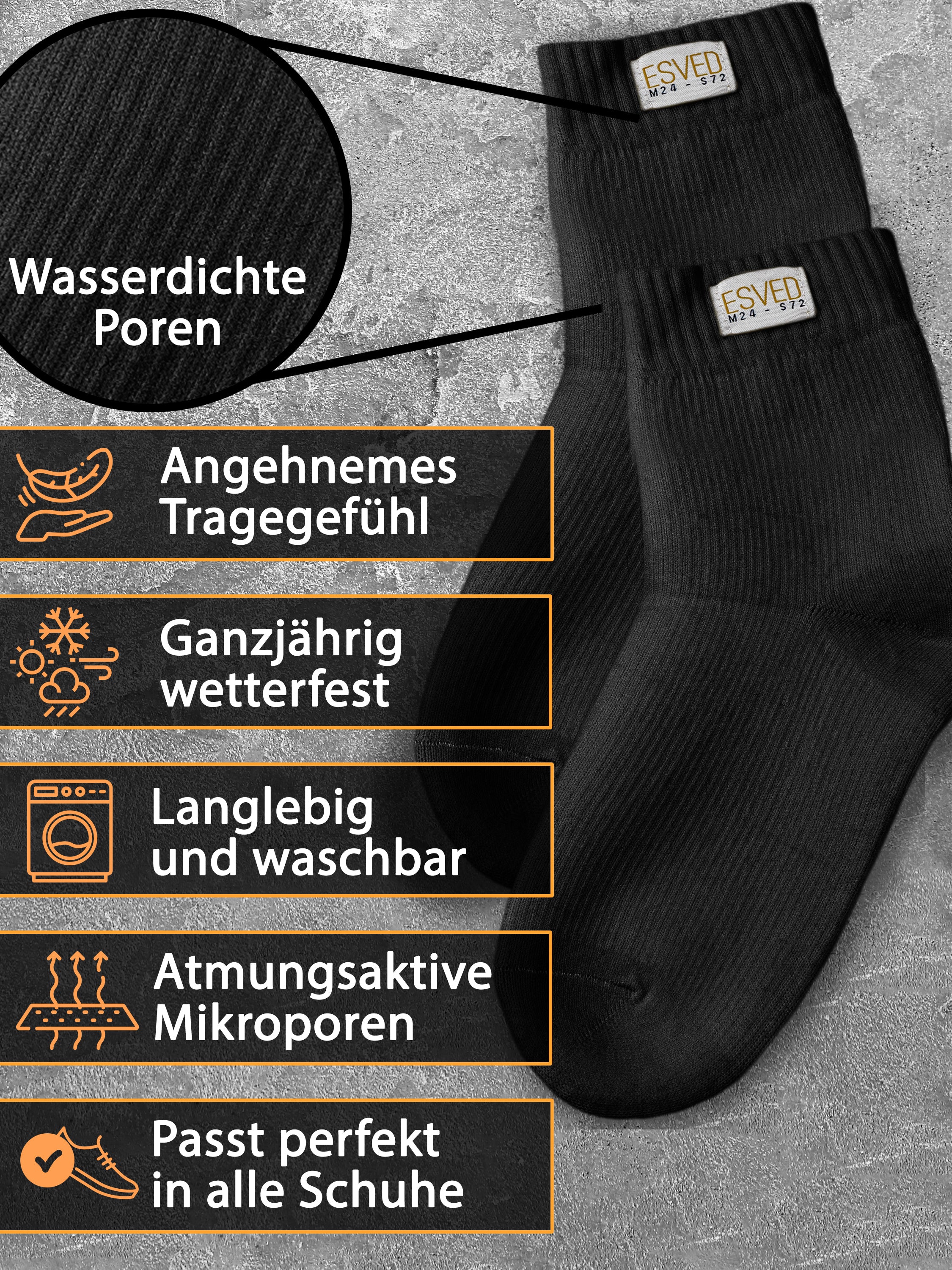 ESVED Mest Socken Slim - Wasserdicht & atmungsaktiv (Schwarz)